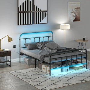 Double Bed Frame with LED Lighting and Charging Station with Underbed Storage, Black