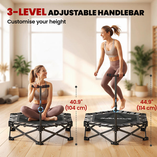 Foldable mini trampoline with adjustable support bar and 400 lb capacity