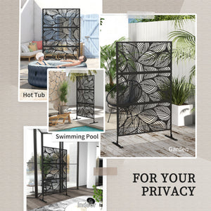 Decorative outdoor metal screen with stand, leaf pattern, black