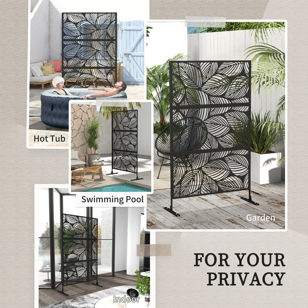 Decorative outdoor metal screen with stand, leaf pattern, black