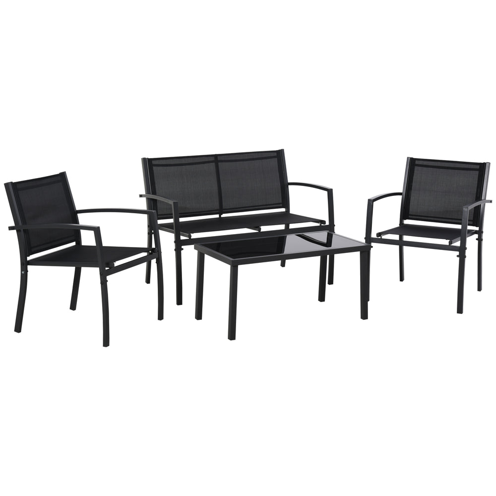 Salon de jardin 4 pièces noir avec fauteuils en maille respirante et table basse en verre trempé pour extérieur