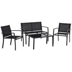 4-Piece Furniture Set with Glass Coffee Table, Breathable Mesh Seat and Backrest for Garden and Balcony, Black
