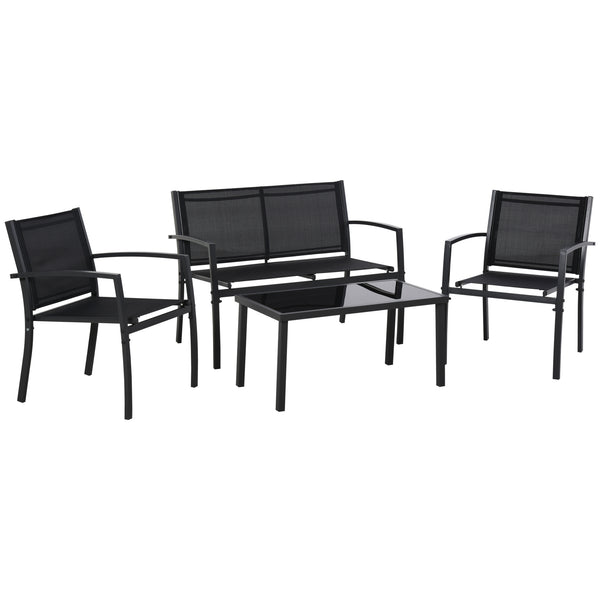 4-Piece Furniture Set with Glass Coffee Table, Breathable Mesh Seat and Backrest for Garden and Balcony, Black