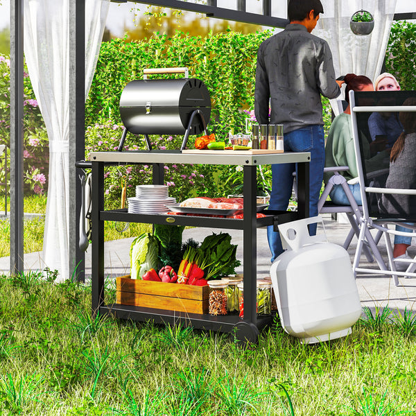 3-shelf stainless steel kitchen trolley with hooks, anthracite grey