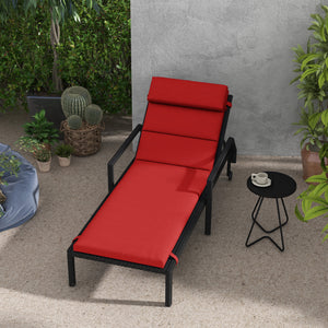 Coussin rouge vin pour chaise longue, avec appui-tête intégré et attaches pour maintien extérieur