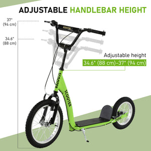 Scooter with adjustable handlebars, double brakes, inflatable wheels, green