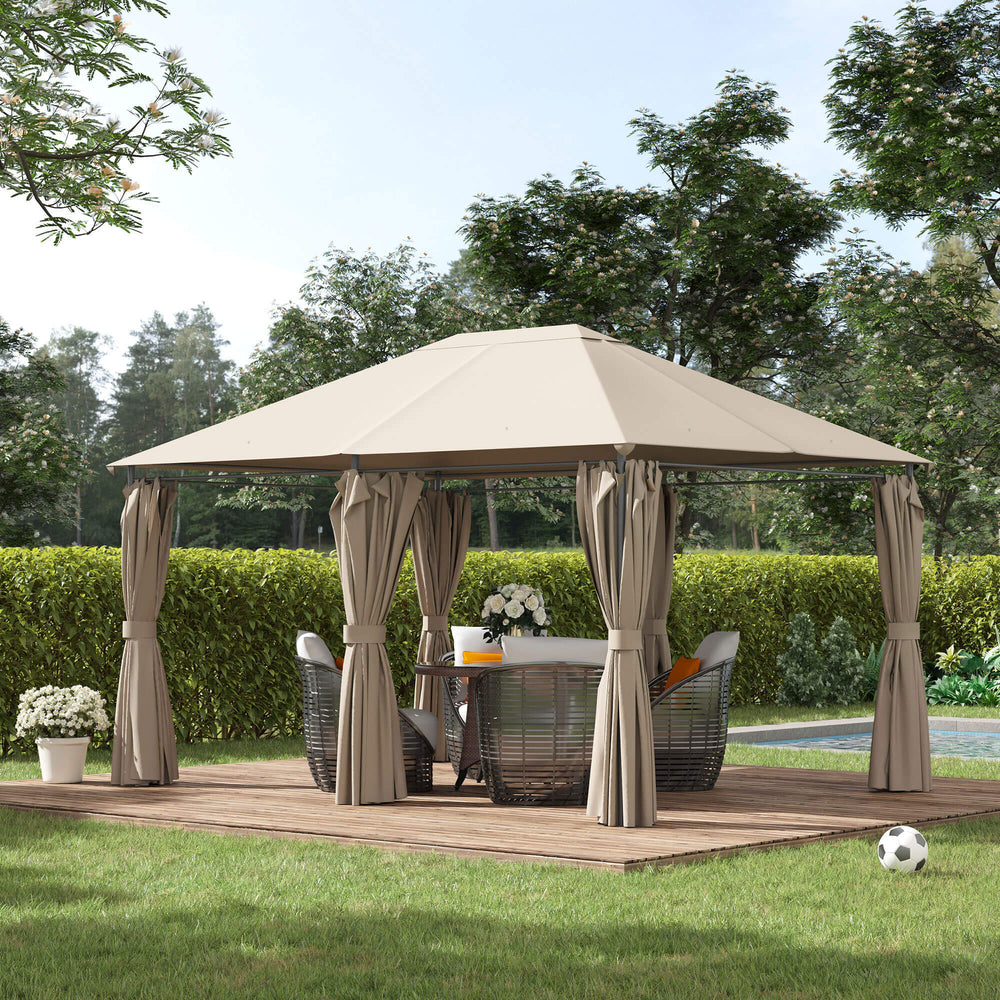13'x 10' Soft-top Steel Patio Gazebo Canopy Party Tent with 6 Removable Curtains and Drainage Holes, Khaki