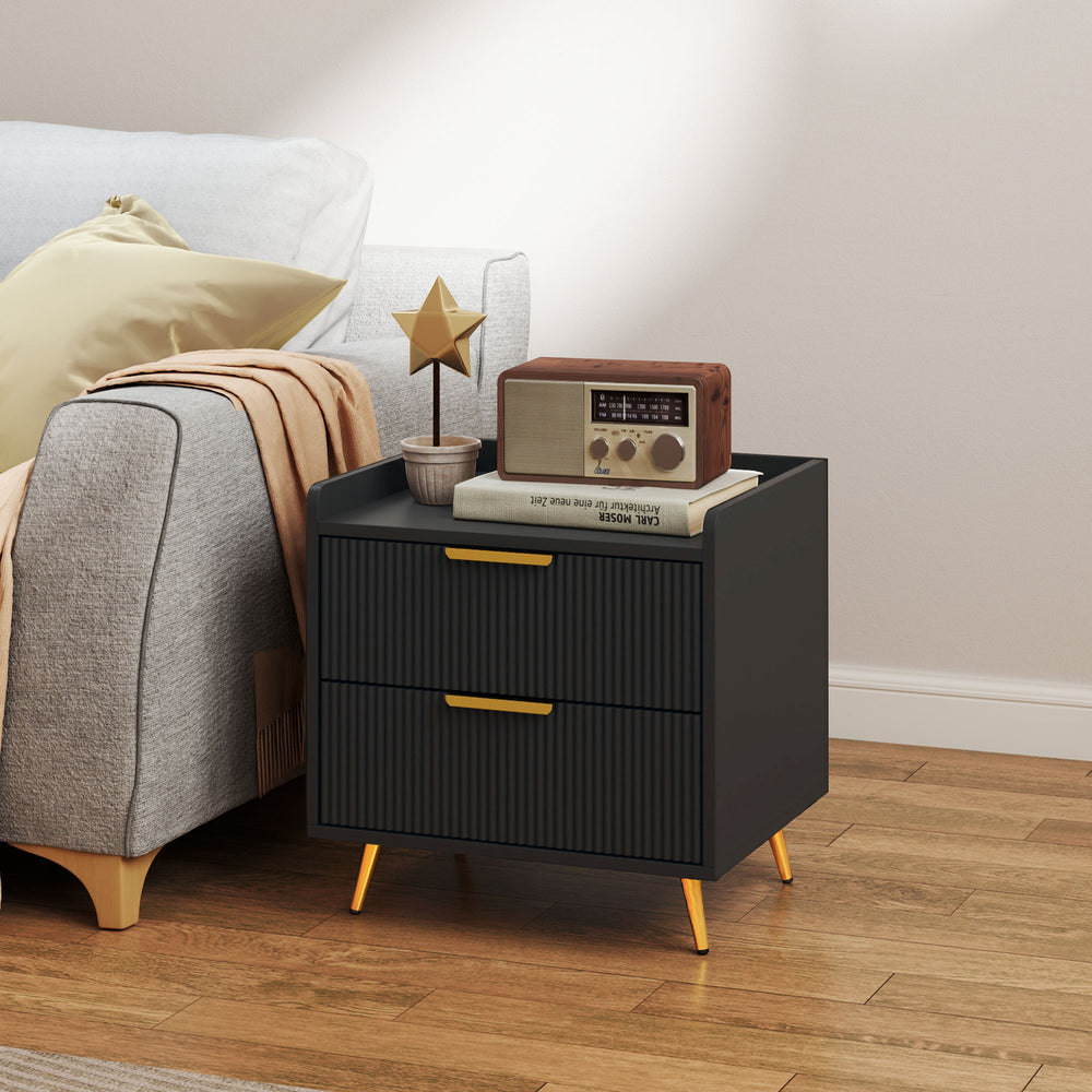 Bedside table with 2 drawers, black and gold