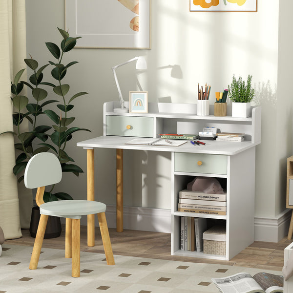 Desk and chairs with storage and shelves, green