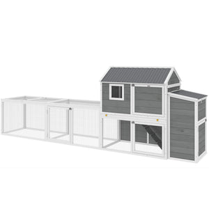 Large wooden chicken coop with run, nesting box, pull-out tray, waterproof roof, and access ramp.