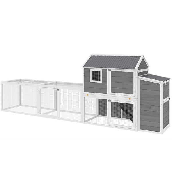 Large wooden chicken coop with run, nesting box, pull-out tray, waterproof roof, and access ramp.