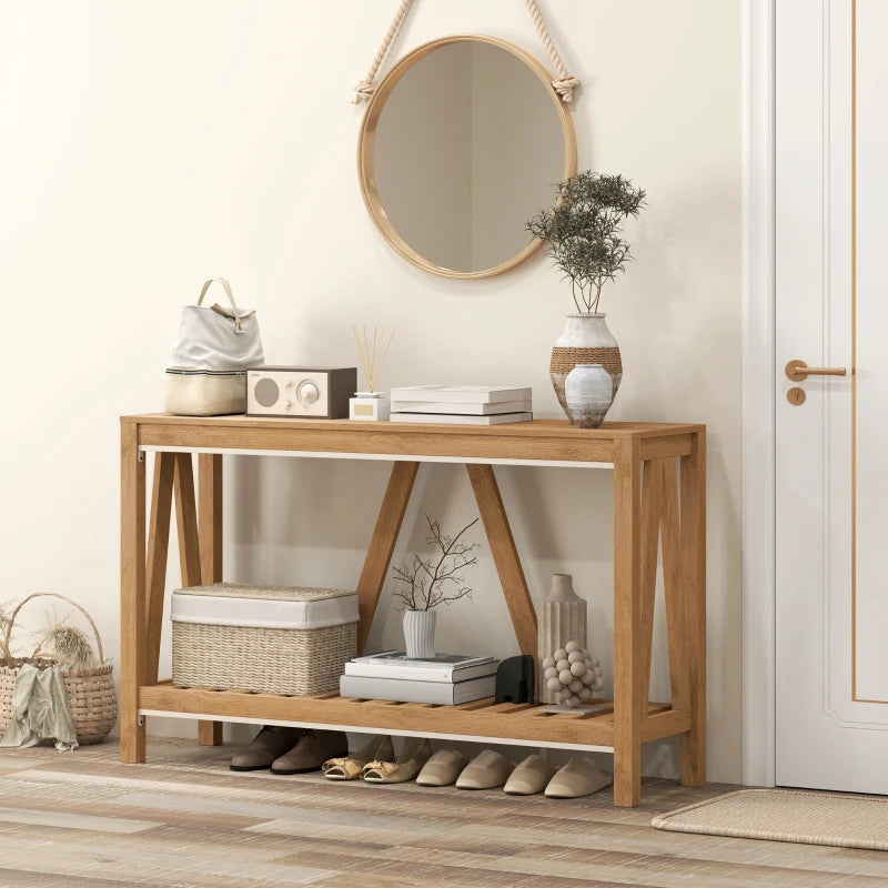 Narrow country style entryway console table with storage shelf, brown