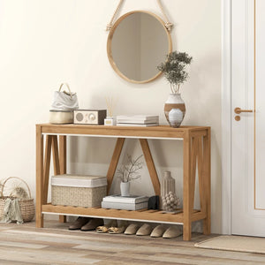 Narrow country style entryway console table with storage shelf, brown