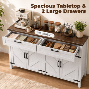 55" Storage Buffet with 2 Drawers, 2 Cabinets, and Adjustable Shelves, White
