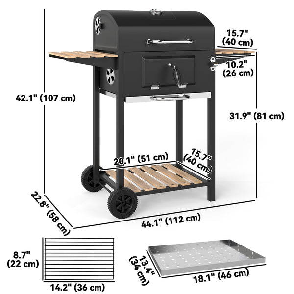 Charcoal barbecue on wheels with adjustable charcoal tray