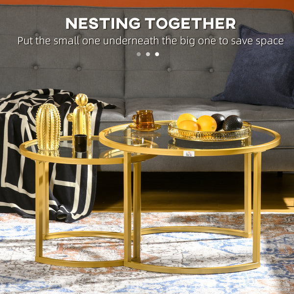 Set of 2 modern round coffee tables with gold tempered glass top