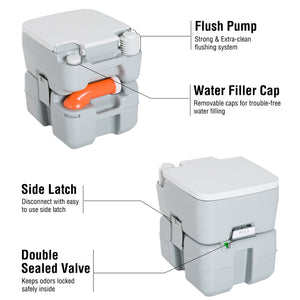 Portable travel toilet with flush tank, level indicator and tap, 20 liters