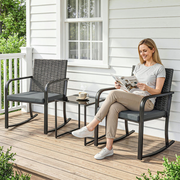 3-Piece Rocking Bistro Set with Cushions, Glass Coffee Table for Balcony, Gray