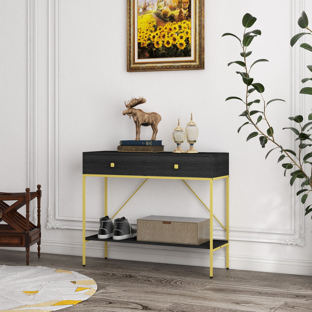 Entrance console with 2 drawers and storage shelf, black
