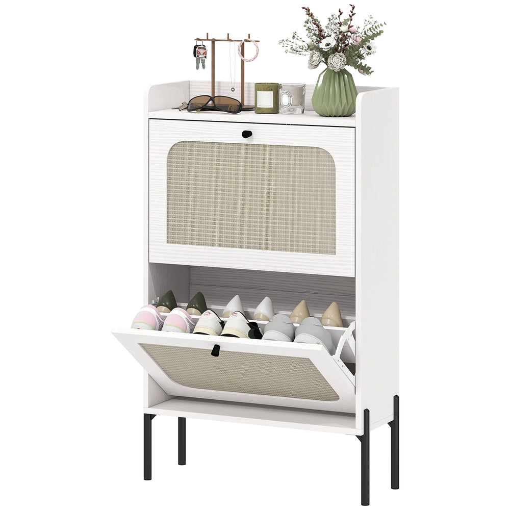 Bohemian style narrow shoe cabinet with 2 tilt-out drawers, white