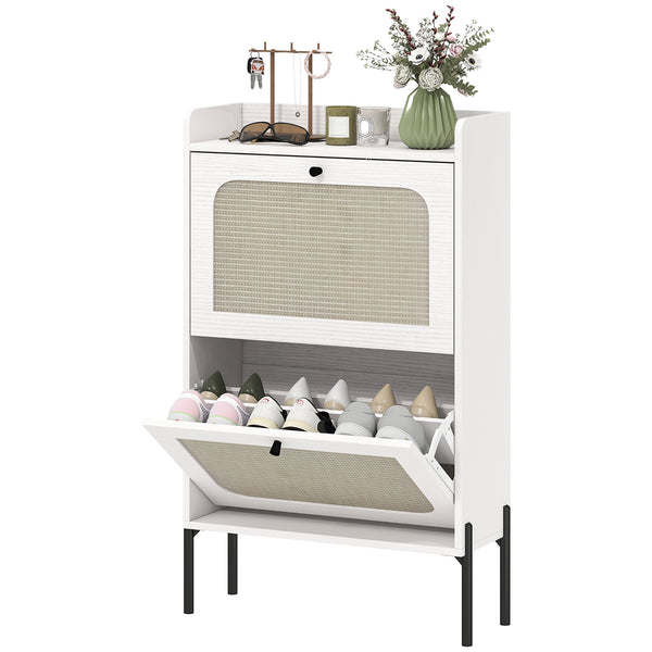 Bohemian style narrow shoe cabinet with 2 tilt-out drawers, white