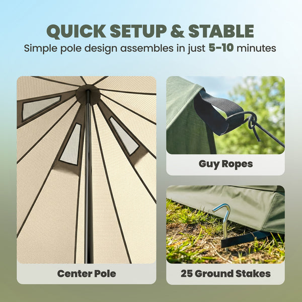Waterproof teepee tent with stove jack, ideal for 4 to 6 people for camping or hiking, khaki