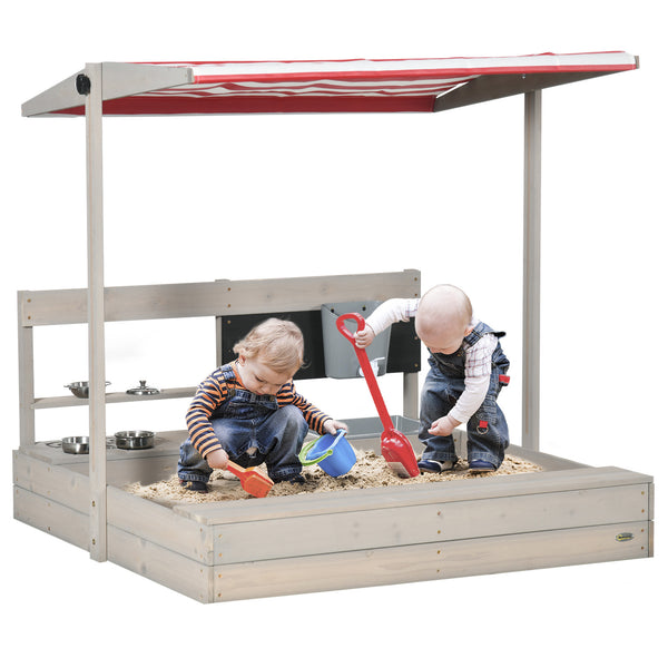 Sandbox with lid, kitchen, toys, seat and storage, gray