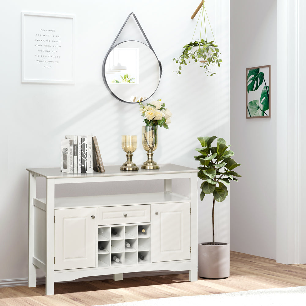 Modern kitchen sideboard with drawer and 12-bottle wine rack, white.