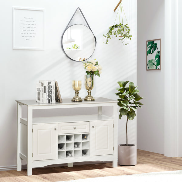 Modern kitchen sideboard with drawer and 12-bottle wine rack, white.