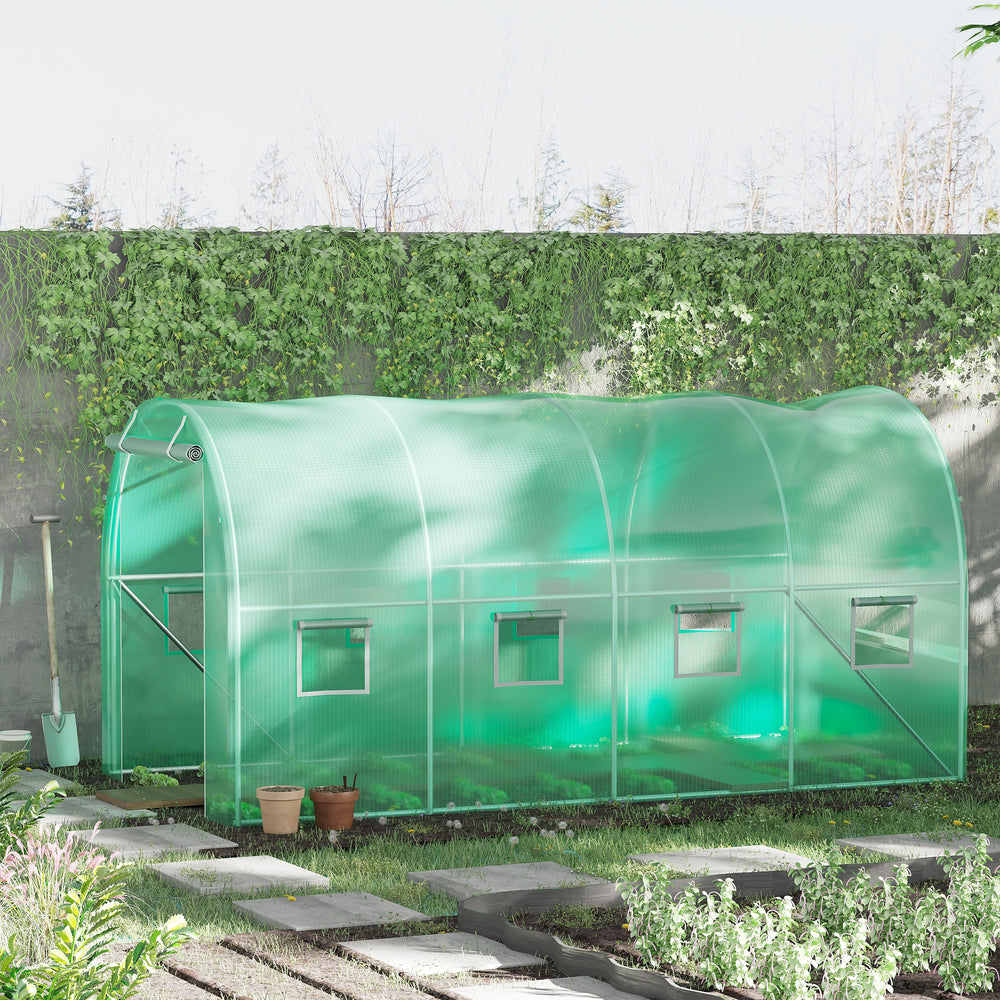 Tunnel greenhouse with zippered roll-up door and 8 screened windows, galvanized steel frame, green