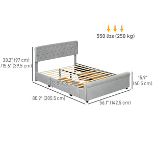 Double bed frame with headboard, 2 drawers, without slatted base, light grey