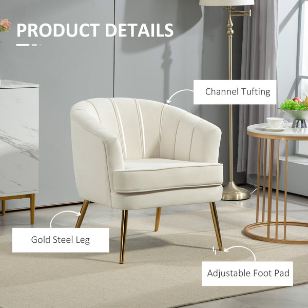 Modern fabric accent chair with gold metal legs, cream white