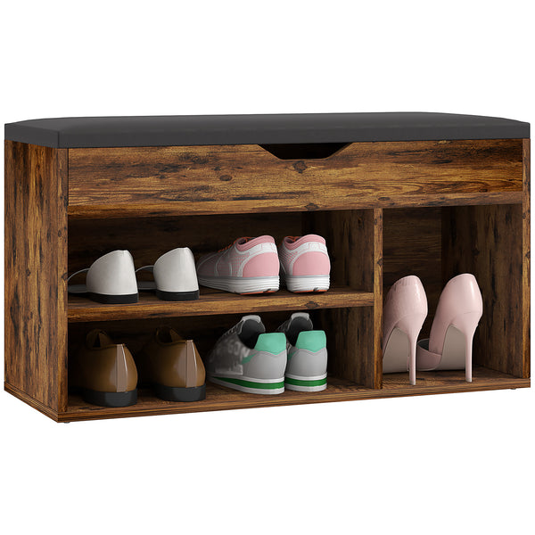 Shoe bench with padded seat and hidden storage – Rustic brown