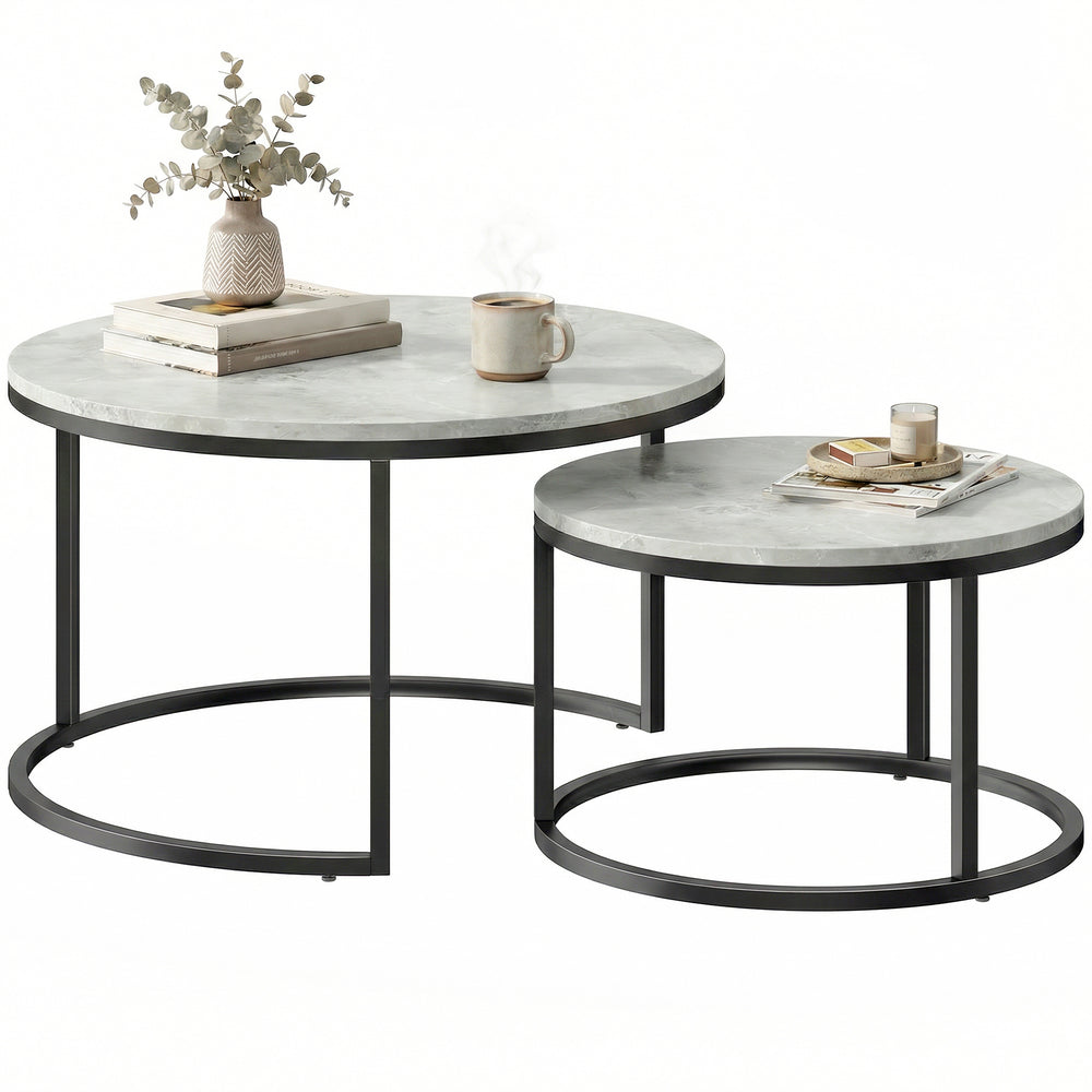 Set of 2 nesting coffee tables with marble-effect tops – Grey marble