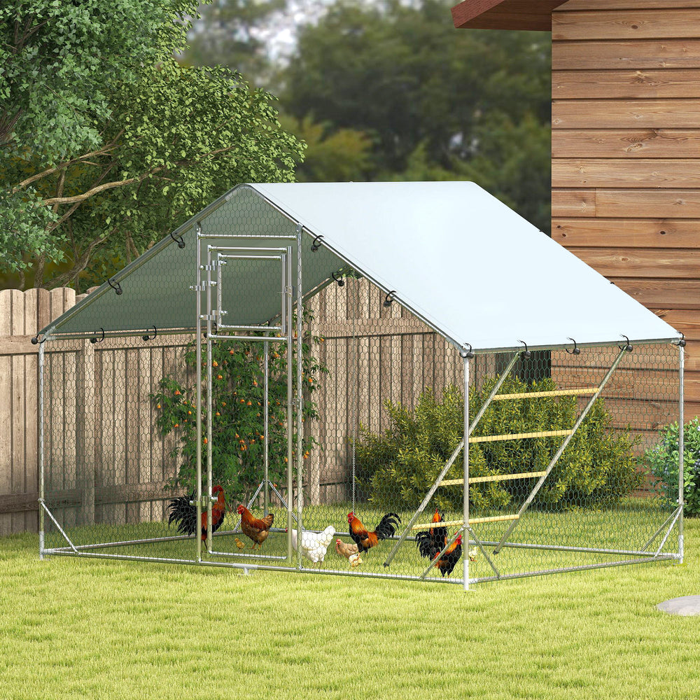 Large metal chicken coop with waterproof and UV-resistant cover