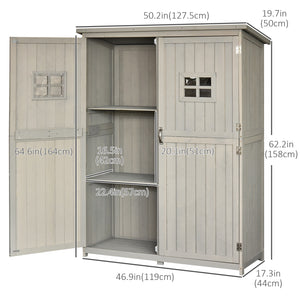 Wooden storage unit with windows and double doors, grey