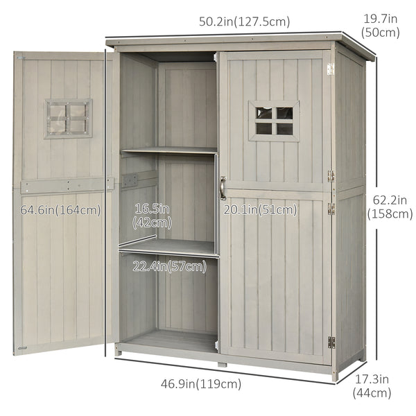 Wooden storage unit with windows and double doors, grey