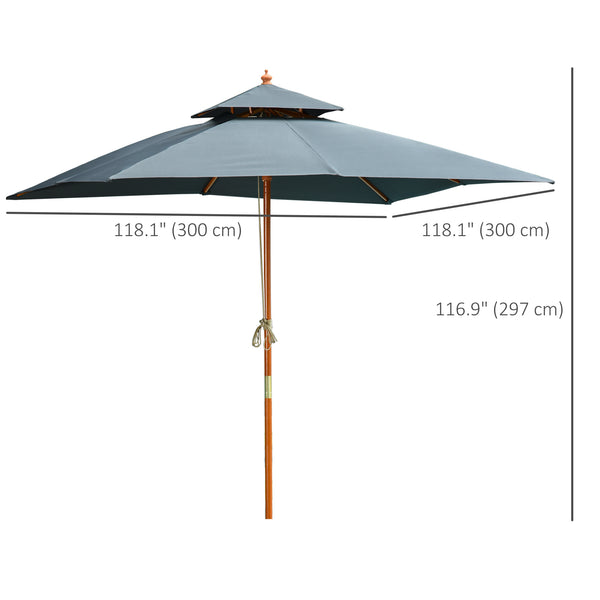 10x10 ft Garden Parasol, Square Wooden, with 2 Pulleys, Pagoda Style, Grey
