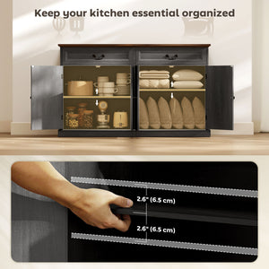 Farmhouse style buffet with charging station, 2 drawers and 2 adjustable shelves, gray wood finish
