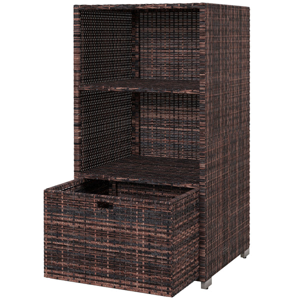 Outdoor storage cabinet in woven rattan with drawer, brown