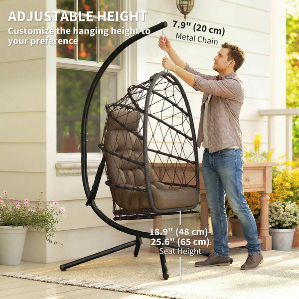 Suspended armchair with stand, in woven rattan with thick cushion and safety rope, brown