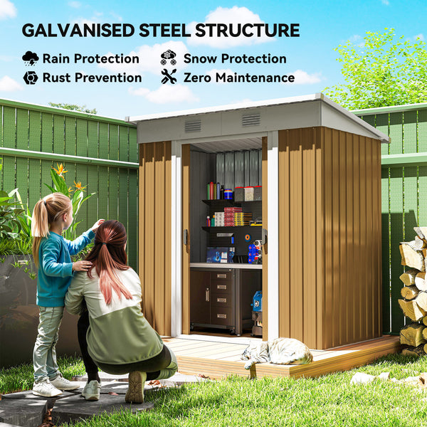 Metal garden shed with lockable sliding doors and ventilation, yellow