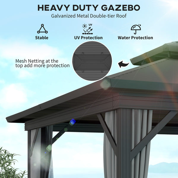 10' x 12' Two-Tier Metal Hardtop Gazebo with Mosquito Netting and Hanging Hook, Light Gray