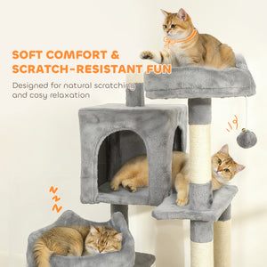 Large 193 cm cat tree with 8 scratching posts, 3 soft beds, 2 hammocks, 2 large shelters and a ramp, light grey