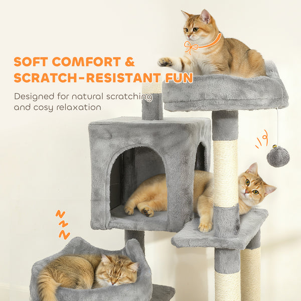 Large 193 cm cat tree with 8 scratching posts, 3 soft beds, 2 hammocks, 2 large shelters and a ramp, light grey