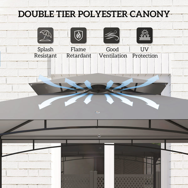 Two-tier barbecue shelter with side awning, light grey 