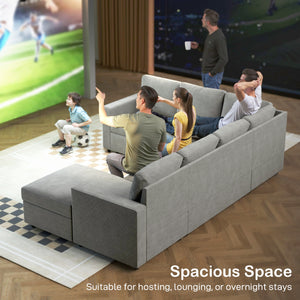 Sofa bed with hidden storage, chaise longue, velvet upholstery, gray