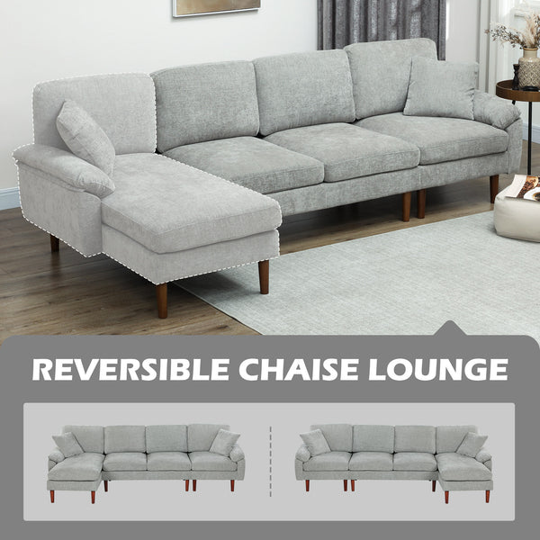 Modern sectional sofa with removable chaise, cushions and wooden legs, gray