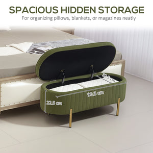 Upholstered tufted bedroom bench with metal legs, dark green