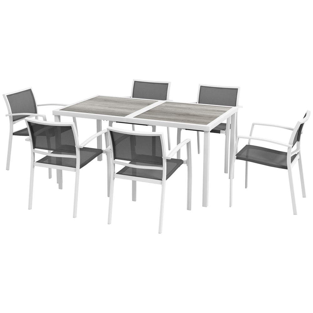 Ensemble de salle à manger d’extérieur 7 pièces blanc avec 6 chaises empilables et une table, idéal pour patio ou jardin